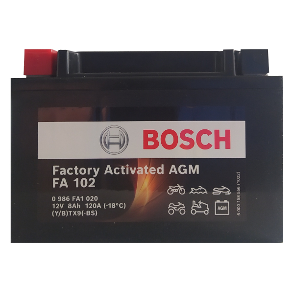  Bosch FA102 - Batterie moto AGM - 12V 120A 8Ah - Adaptée aux  motos, mobilettes, enduros, scooters, quads, jet skis - Compatible M6010,  BTX9-BS, BTX9